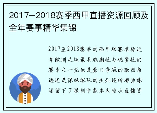 2017–2018赛季西甲直播资源回顾及全年赛事精华集锦
