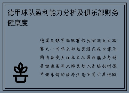 德甲球队盈利能力分析及俱乐部财务健康度
