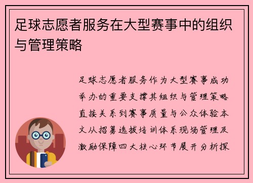 足球志愿者服务在大型赛事中的组织与管理策略